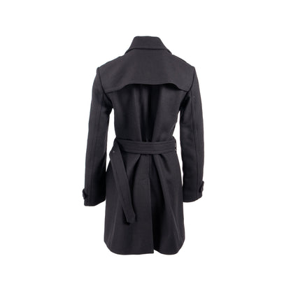 Burberry Size 10 Double Breasted Belted-Waist Coat Virgin Wool Black