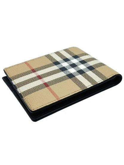 Luxury Burberry Check Slim Bifold Leather Half Wallet Beige