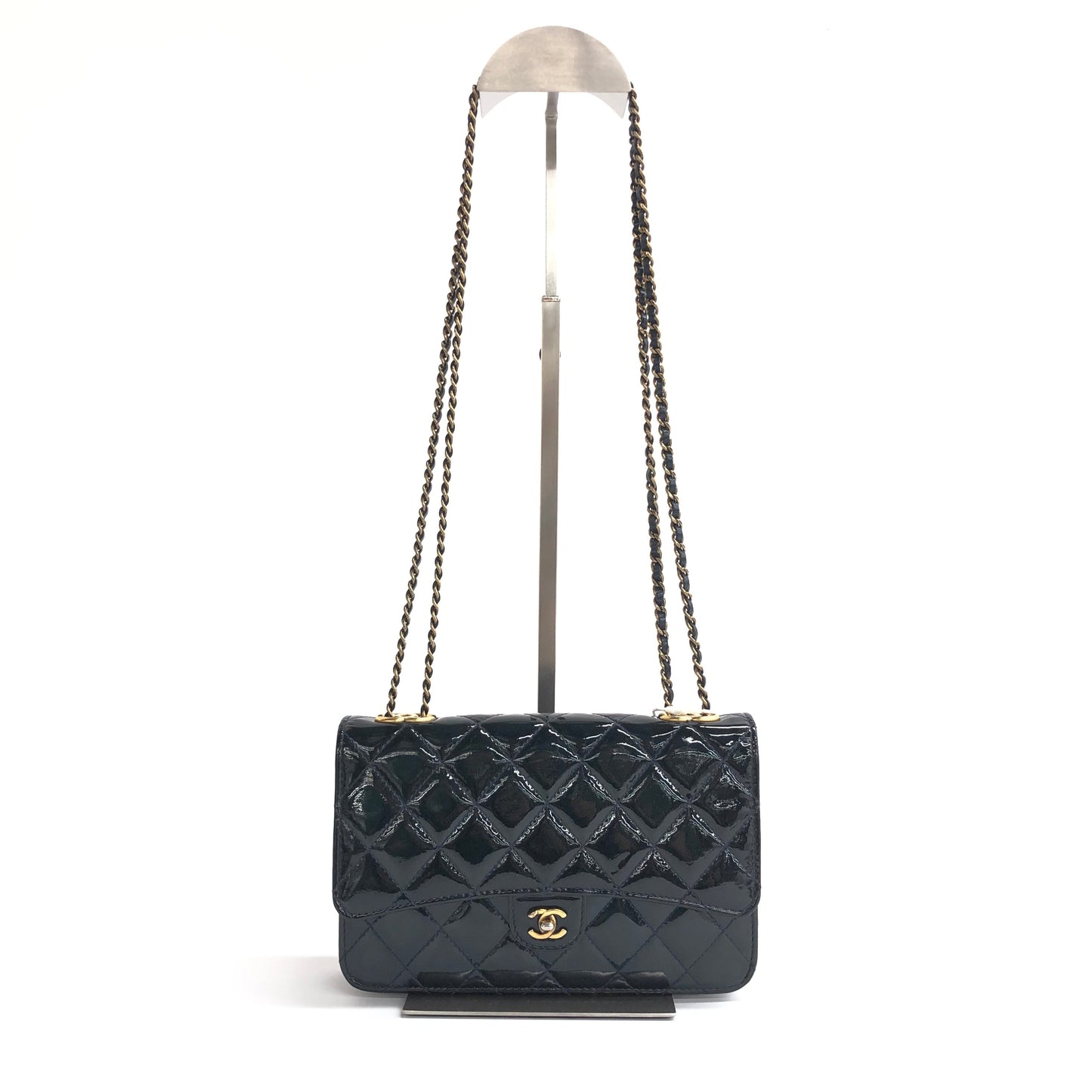 Chanel Wallet on Chain Navy Patent Leather Gold-tone Double Chain, 2015-2016