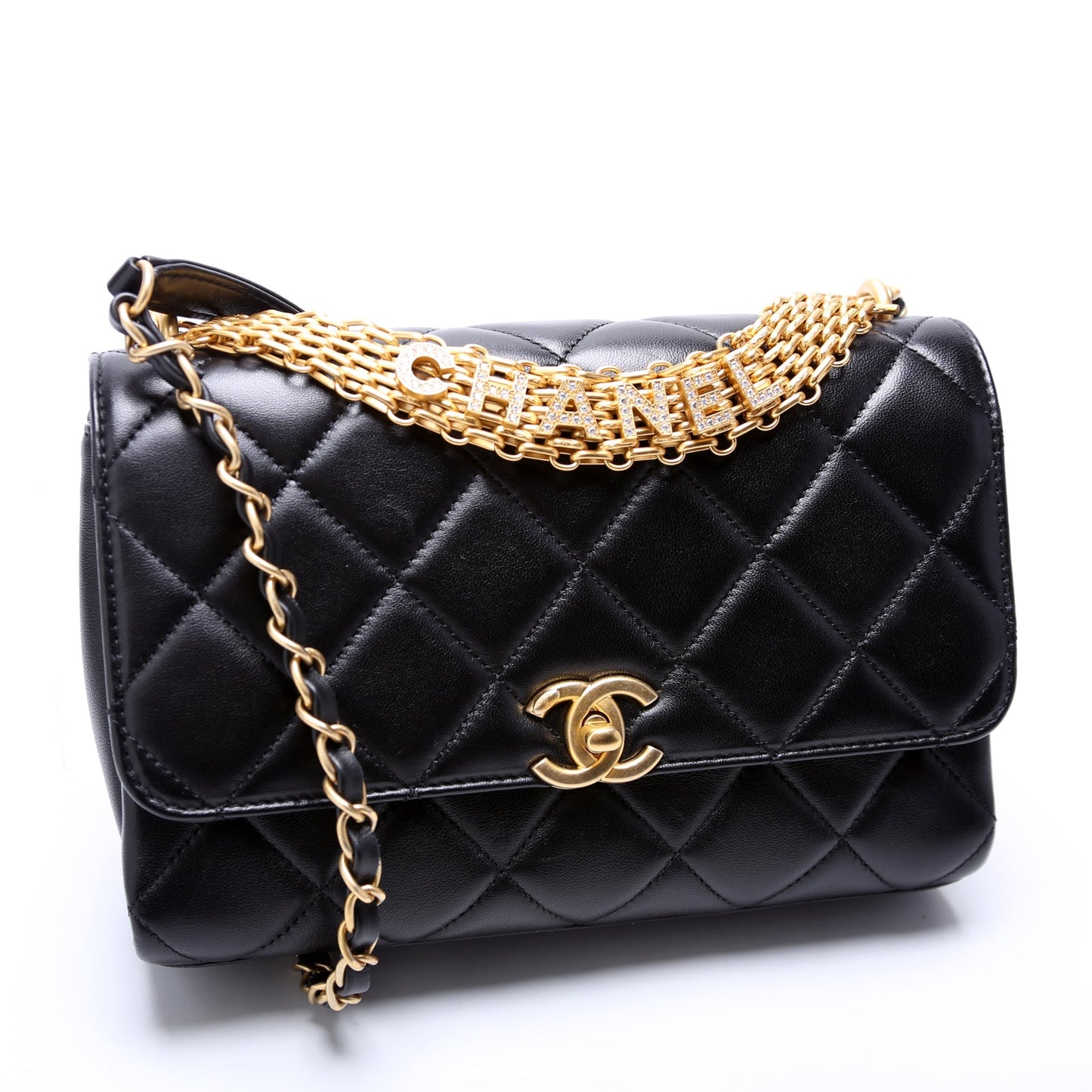 Chanel Crystal Logo Chain Top Handle Flap Small Quilted Lambskin RFID Black Bag