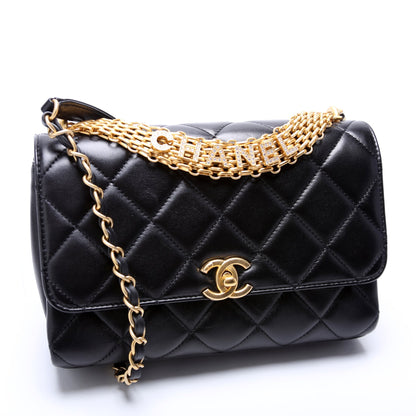 Chanel Crystal Logo Chain Top Handle Flap Small Quilted Lambskin RFID Black Bag