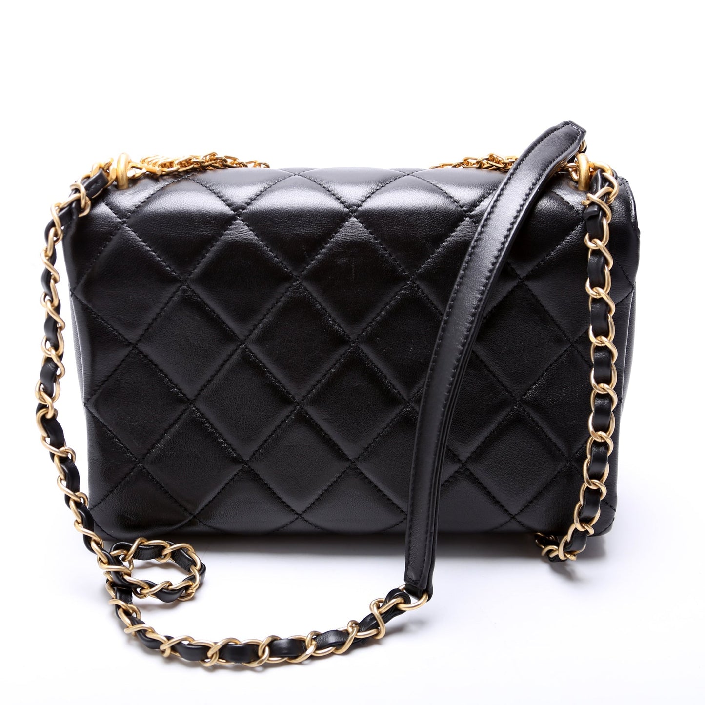 Chanel Crystal Logo Chain Top Handle Flap Small Quilted Lambskin RFID Black Bag