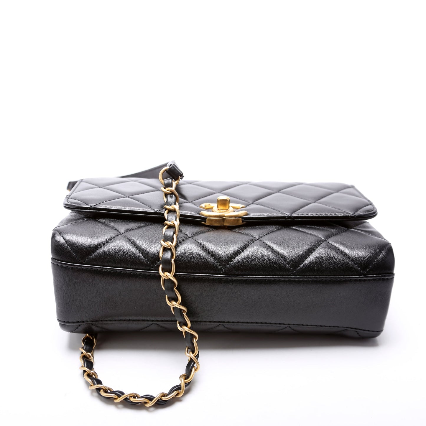 Chanel Crystal Logo Chain Top Handle Flap Small Quilted Lambskin RFID Black Bag