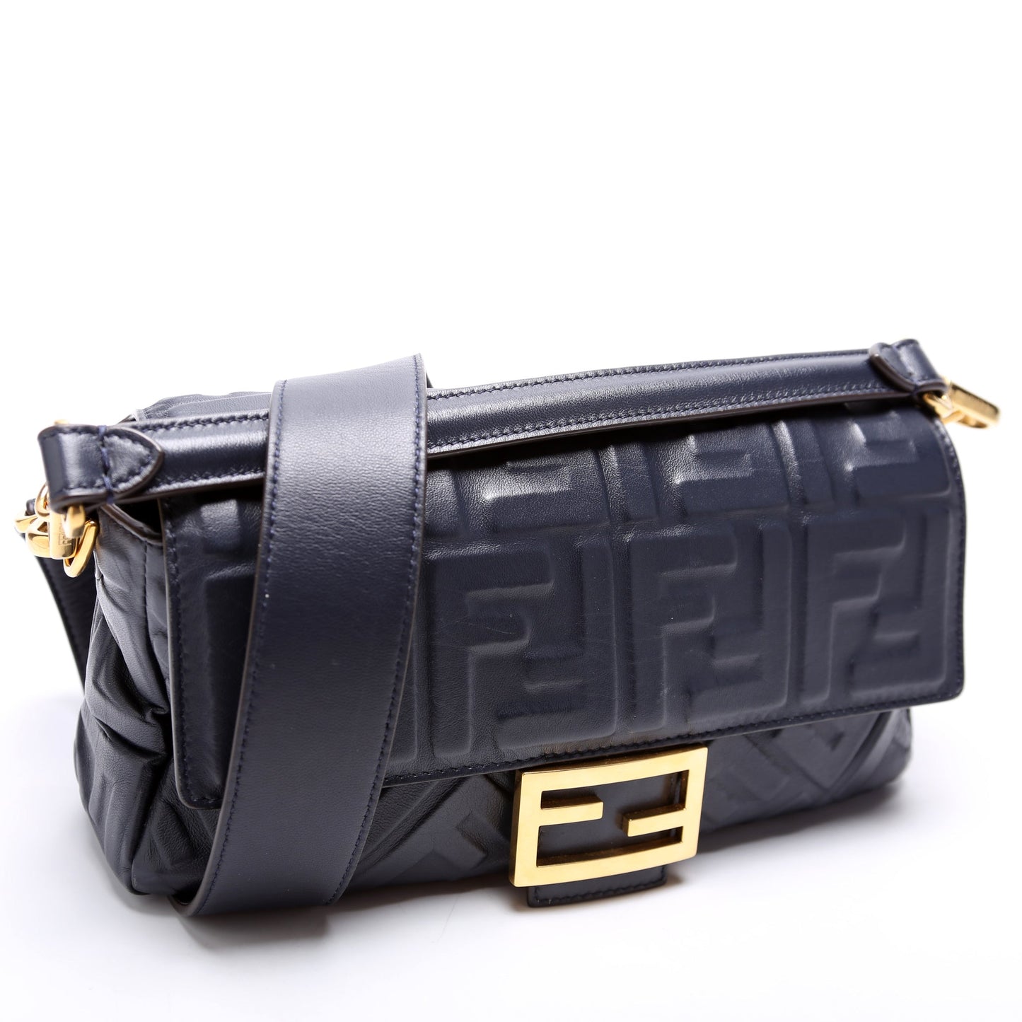 Fendi Baguette FF Embossed Nappa Navy Bag
