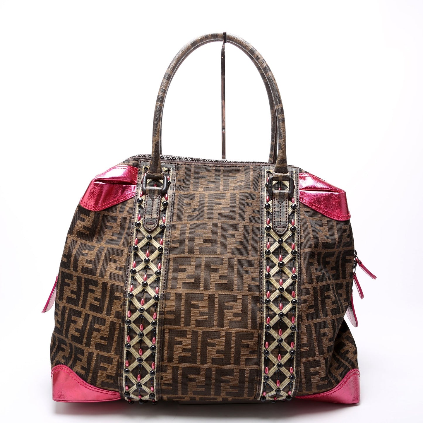Fendi 8BL096 Zucca Fabric Beaded Top Handle Bag