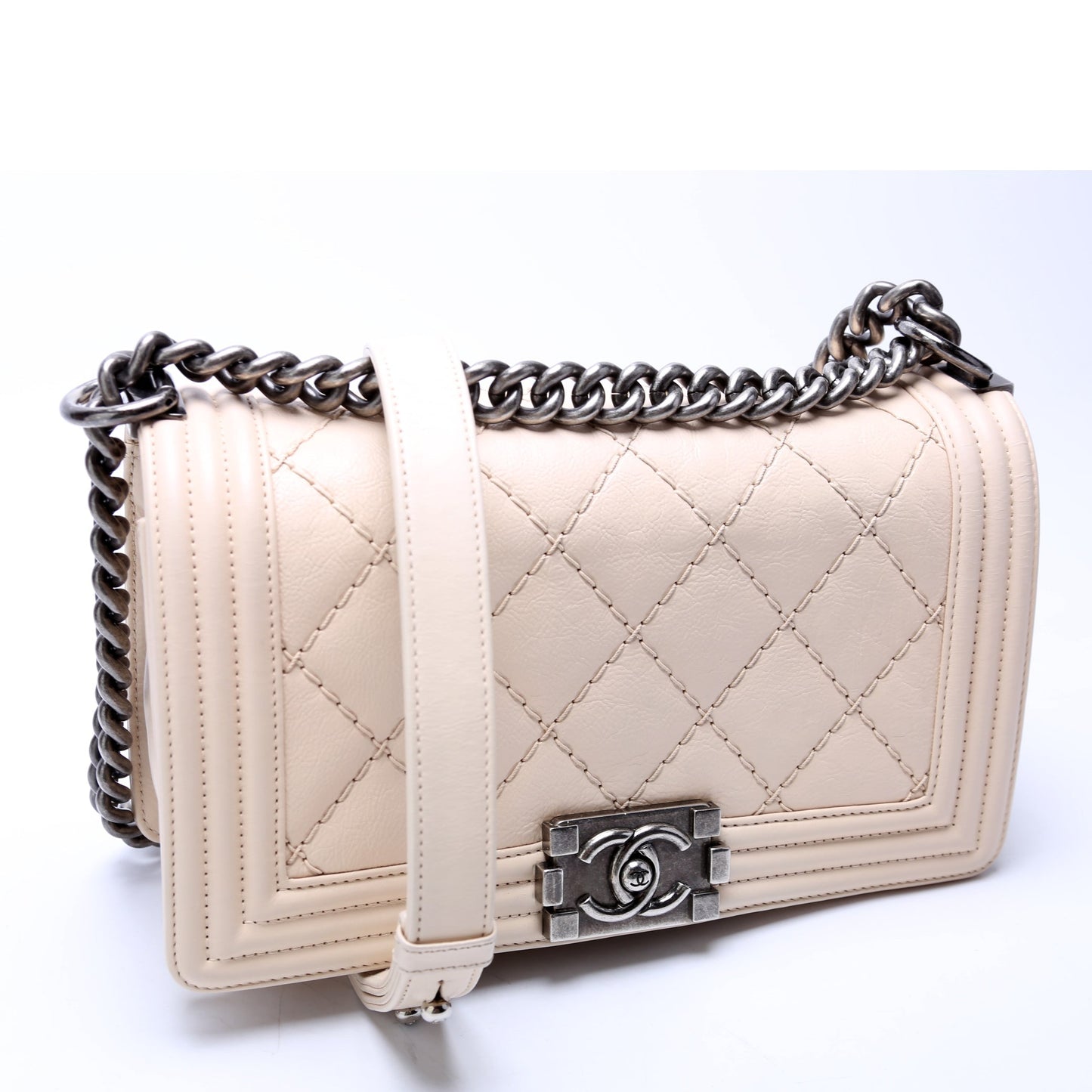 Chanel Boy Flap Medium New Calfskin Double Stitch 18M Cream Bag