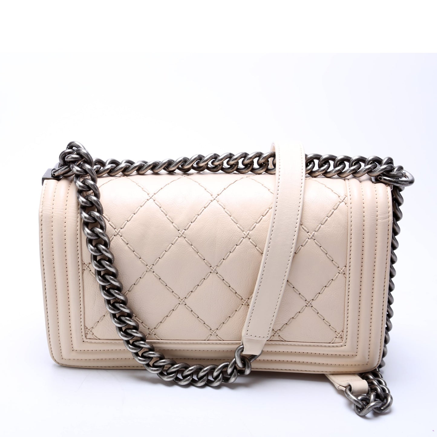 Chanel Boy Flap Medium New Calfskin Double Stitch 18M Cream Bag