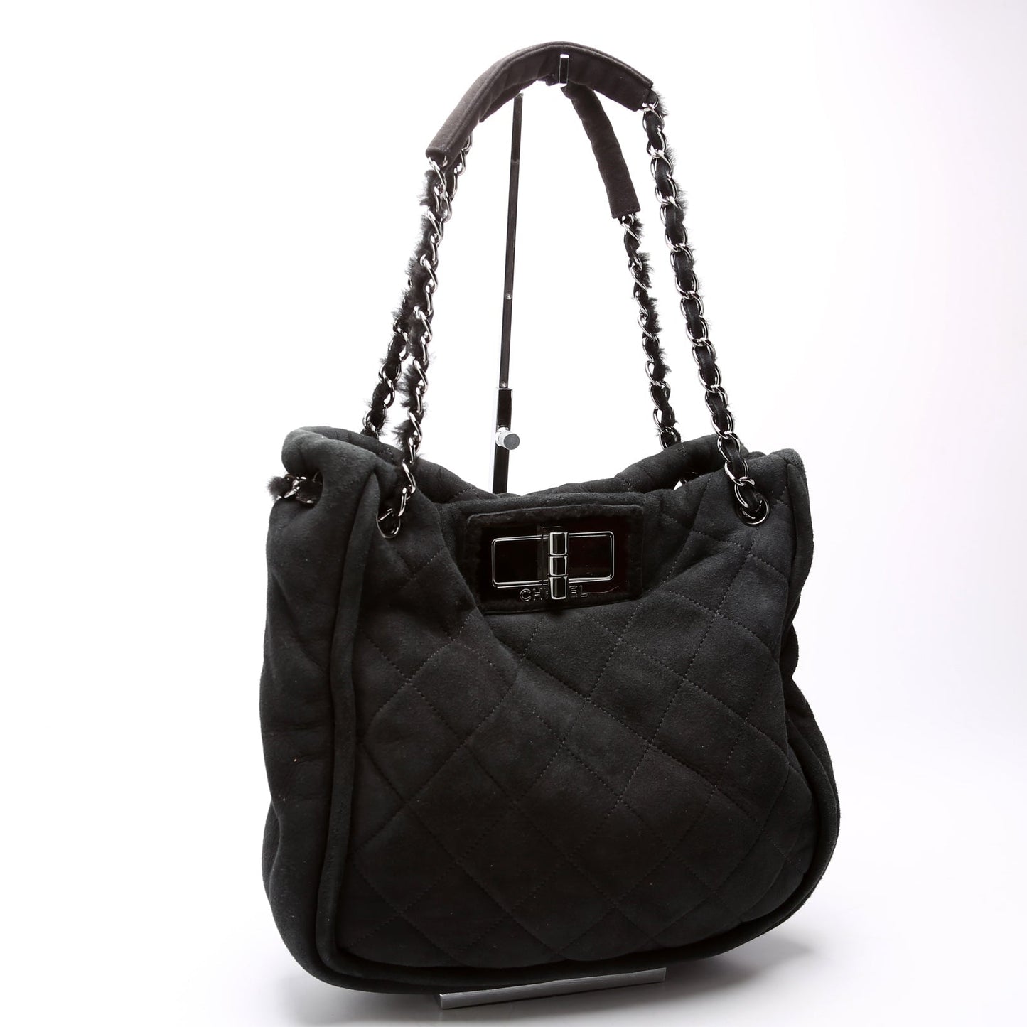 Chanel Mademoiselle Shearling Quilted Tote 9M Black Bag