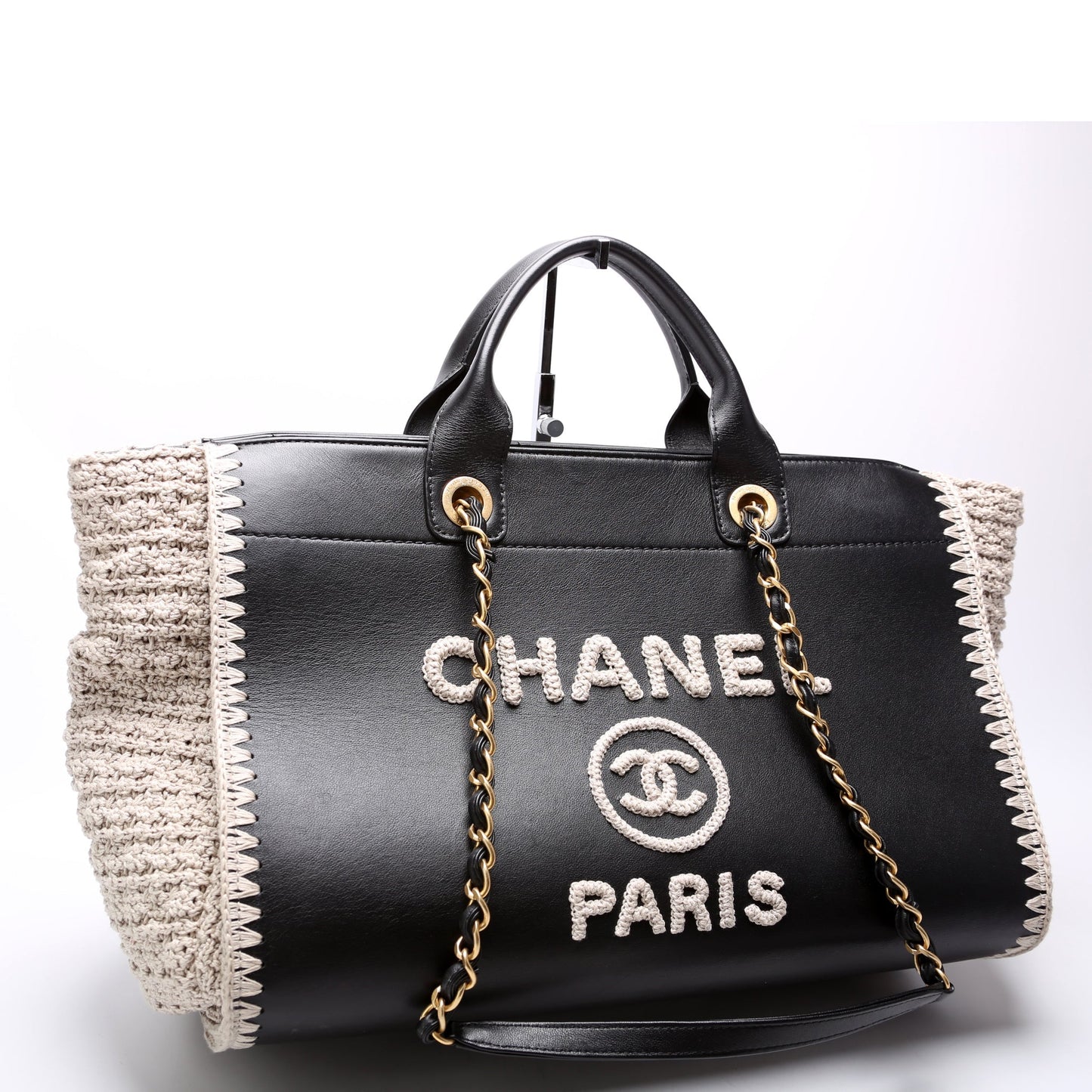 Chanel Deauville Calfskin/Crochet Tote Medium Black Bag