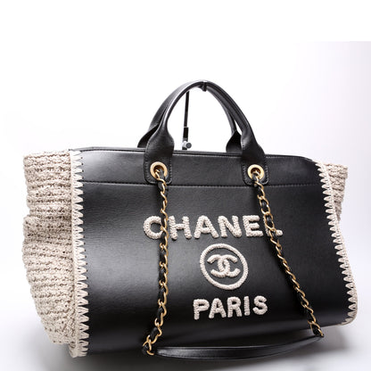 Chanel Deauville Calfskin/Crochet Tote Medium Black Bag
