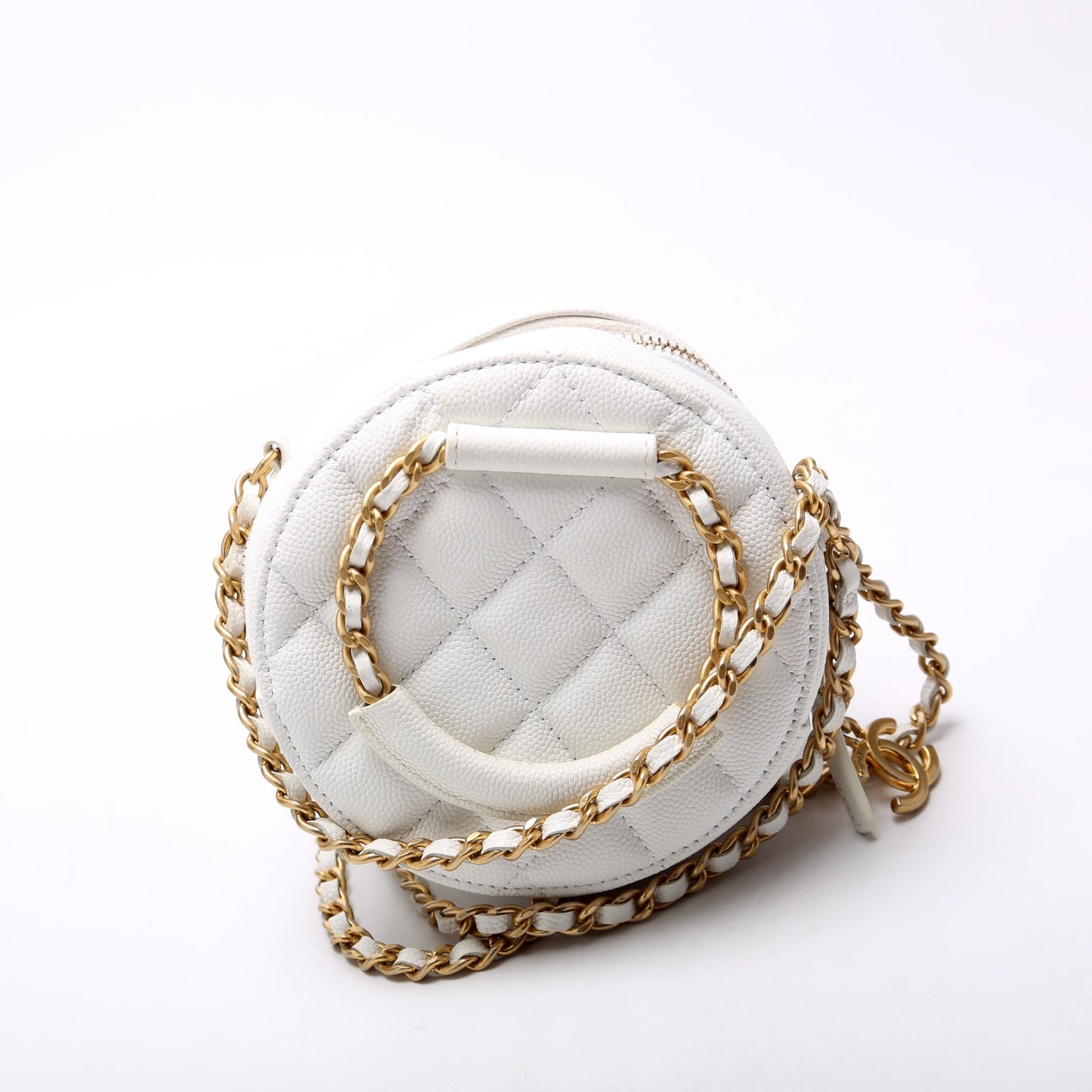Chanel Woven Chain Top Handle Round White Bag