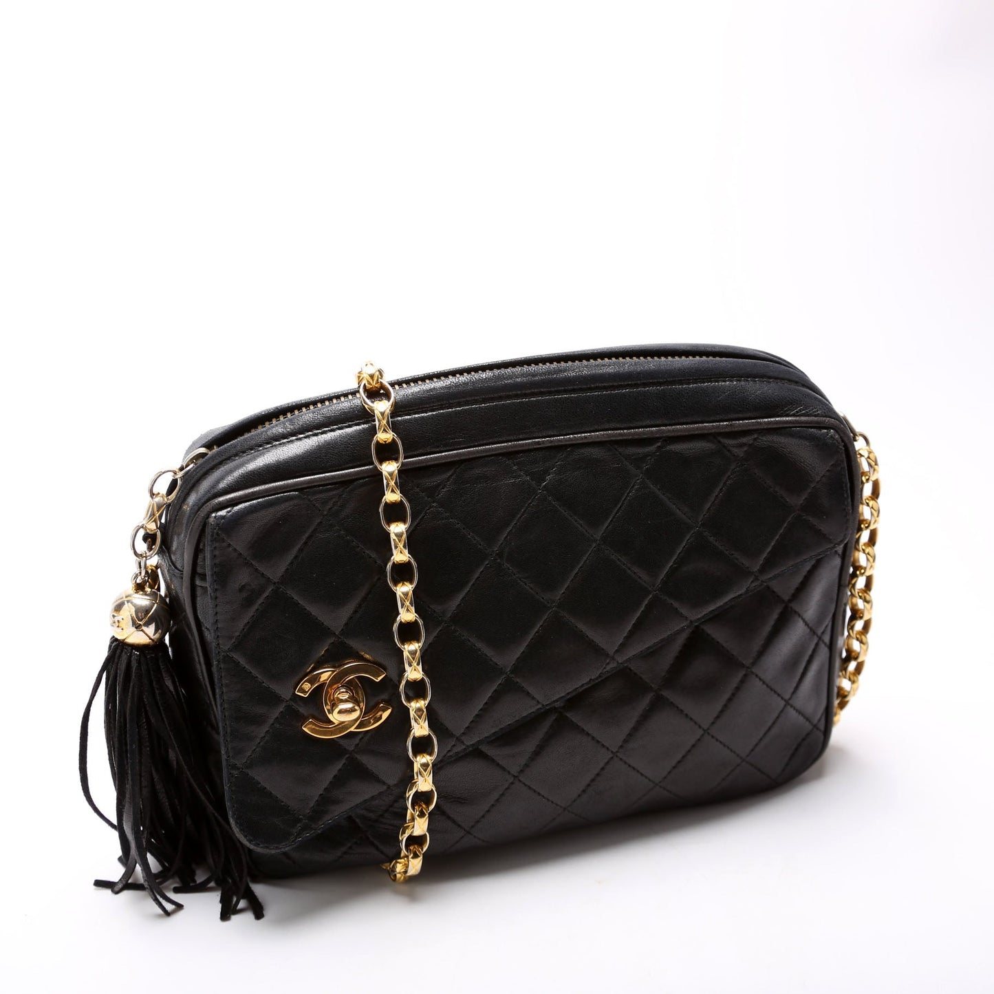 Chanel CC Diagonal Flap Tassel Camera Vintage Black Bag
