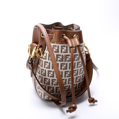 Fendi 8BS010 Tresor Mini Bucket Leather/Canvas FF Brown Bag