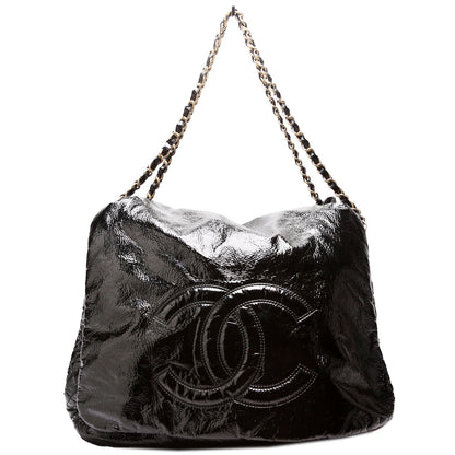 Chanel Rock & Chain Flap Accordion Crinkled Patent 11M Black Bag