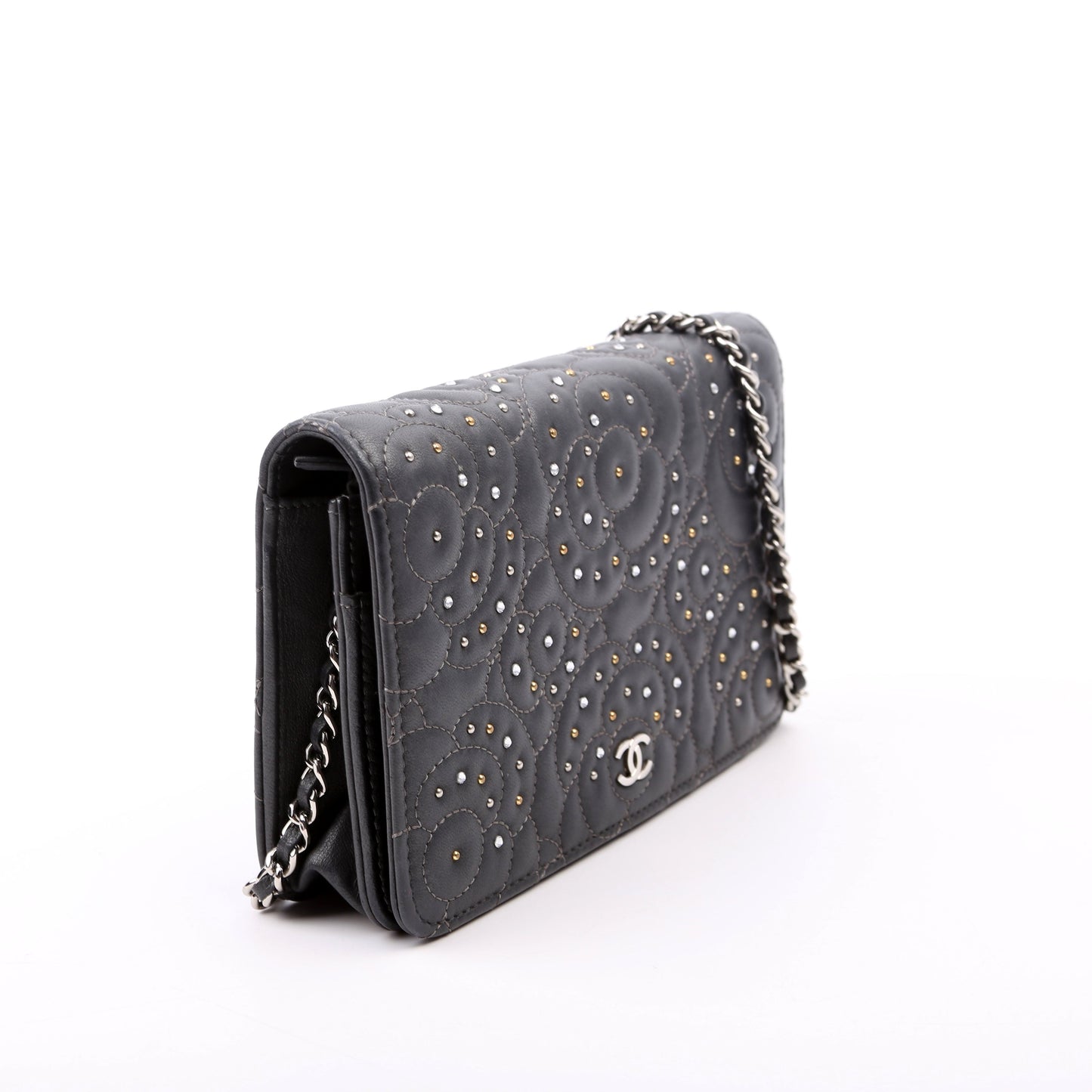 Chanel WOC Camellia Studded Lambskin 27M Grey Bag