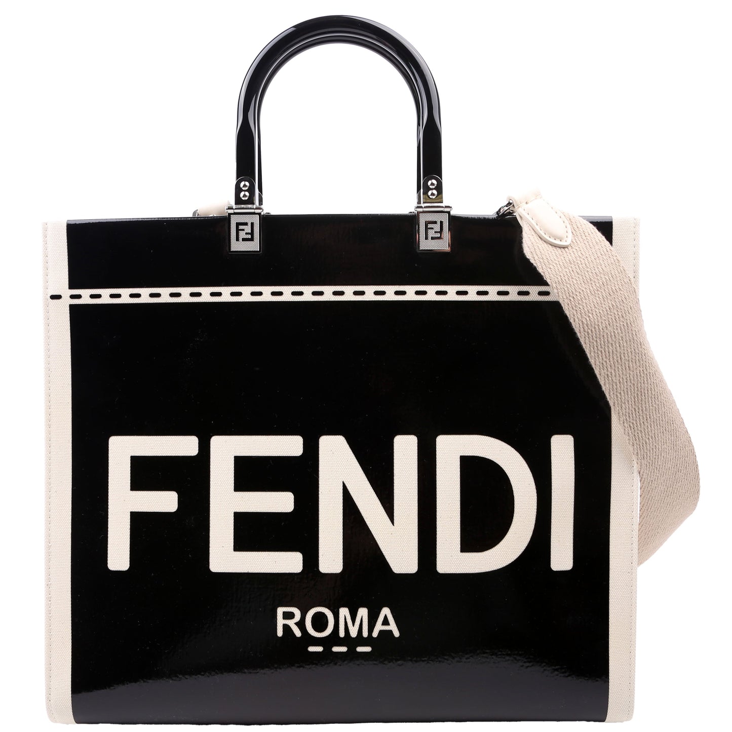 Fendi Sunshine Shopper Medium Patent Vinyl Canvas Black/White Bag