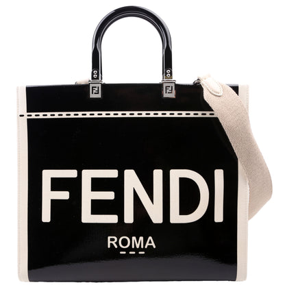 Fendi Sunshine Shopper Medium Patent Vinyl Canvas Black/White Bag