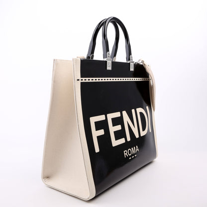 Fendi Sunshine Shopper Medium Patent Vinyl Canvas Black/White Bag