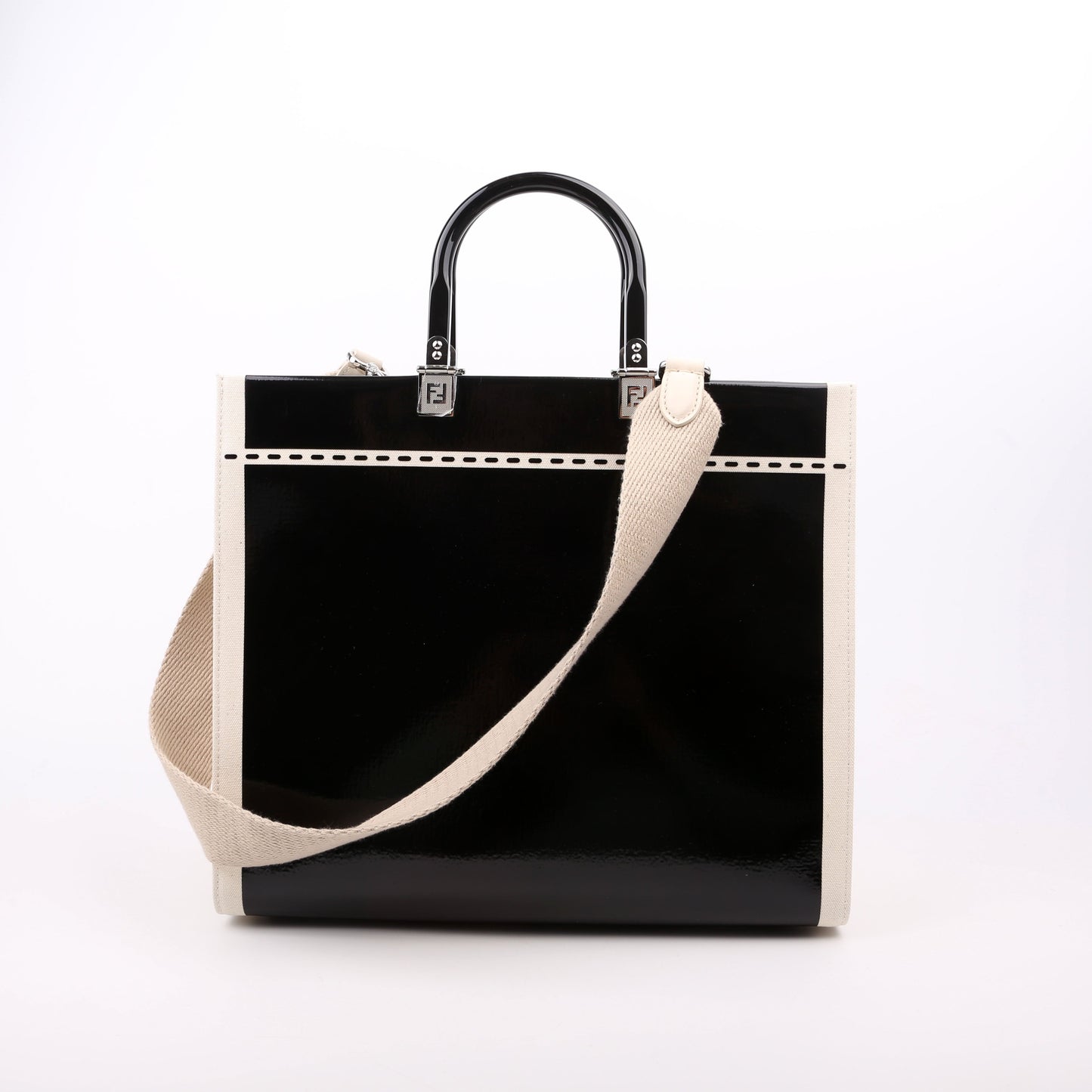 Fendi Sunshine Shopper Medium Patent Vinyl Canvas Black/White Bag