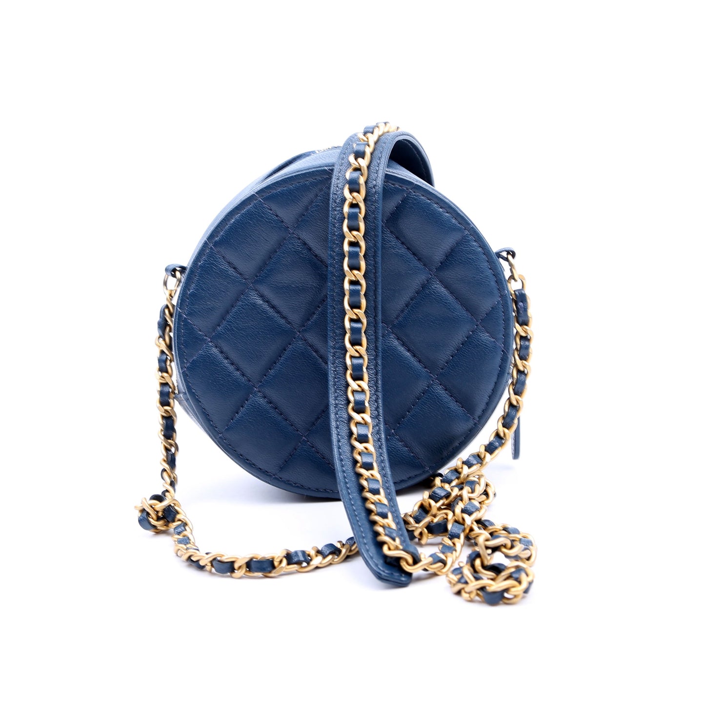 Chanel Infinity Round Clutch With Chain Quilted Lambskin 28M Blue Bag