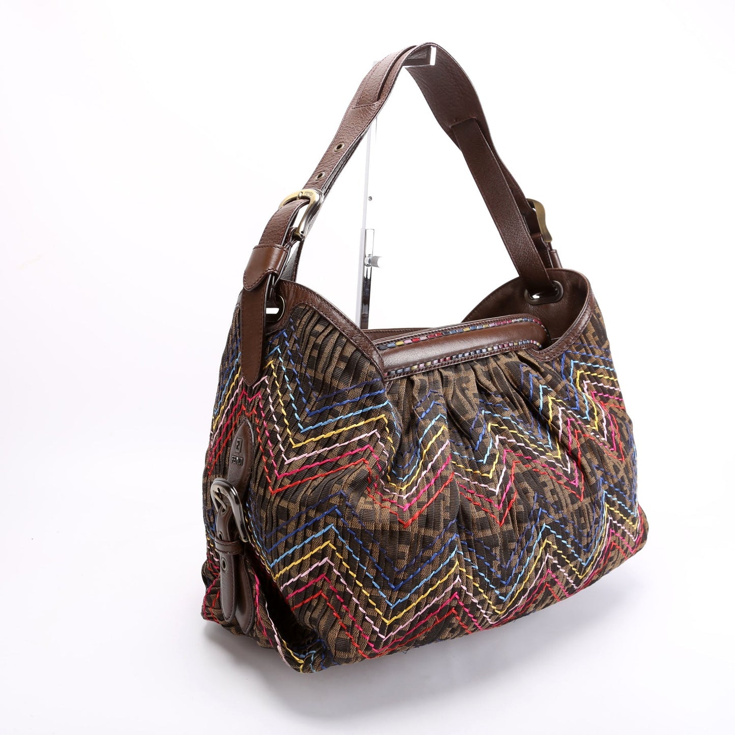 Fendi 8BR579 Pleated Zucca Embroidered Doctor B Hobo Brown/Multicolor Bag