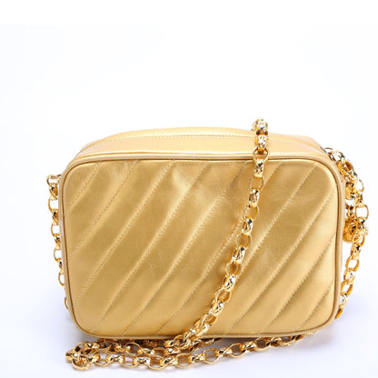 Chanel Camera Small Diagonal Quilted Metallic Lambskin 2M Vintage Gold Bag