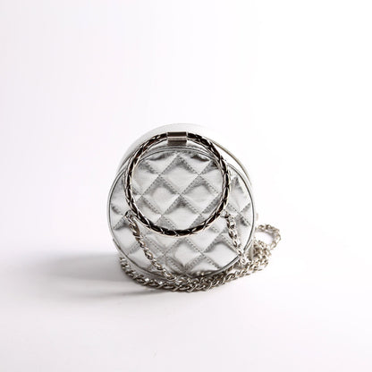Chanel Metallic Quilted Round Bracelet Clutch With Chain Silver Bag