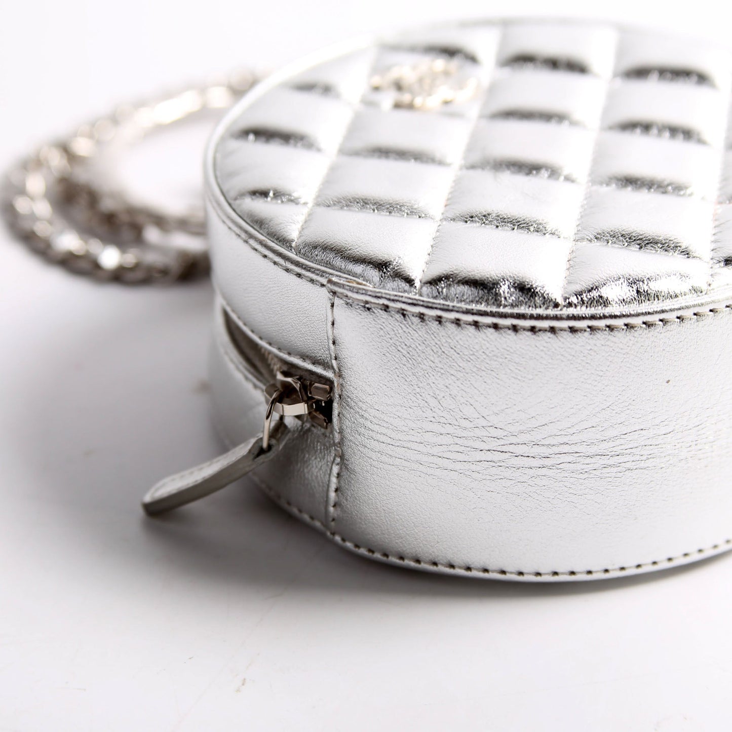 Chanel Metallic Quilted Round Bracelet Clutch With Chain Silver Bag