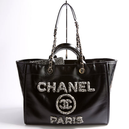 Chanel Deauville Shiny Calf/Tweed Large Tote RFID Black Bag