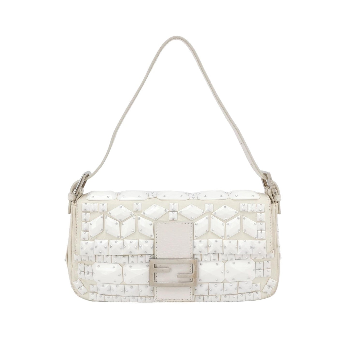 FENDI Baguette 1997 White Leather and Stones Zucca Interior Shoulder Bag