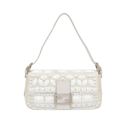 FENDI Baguette 1997 White Leather and Stones Zucca Interior Shoulder Bag