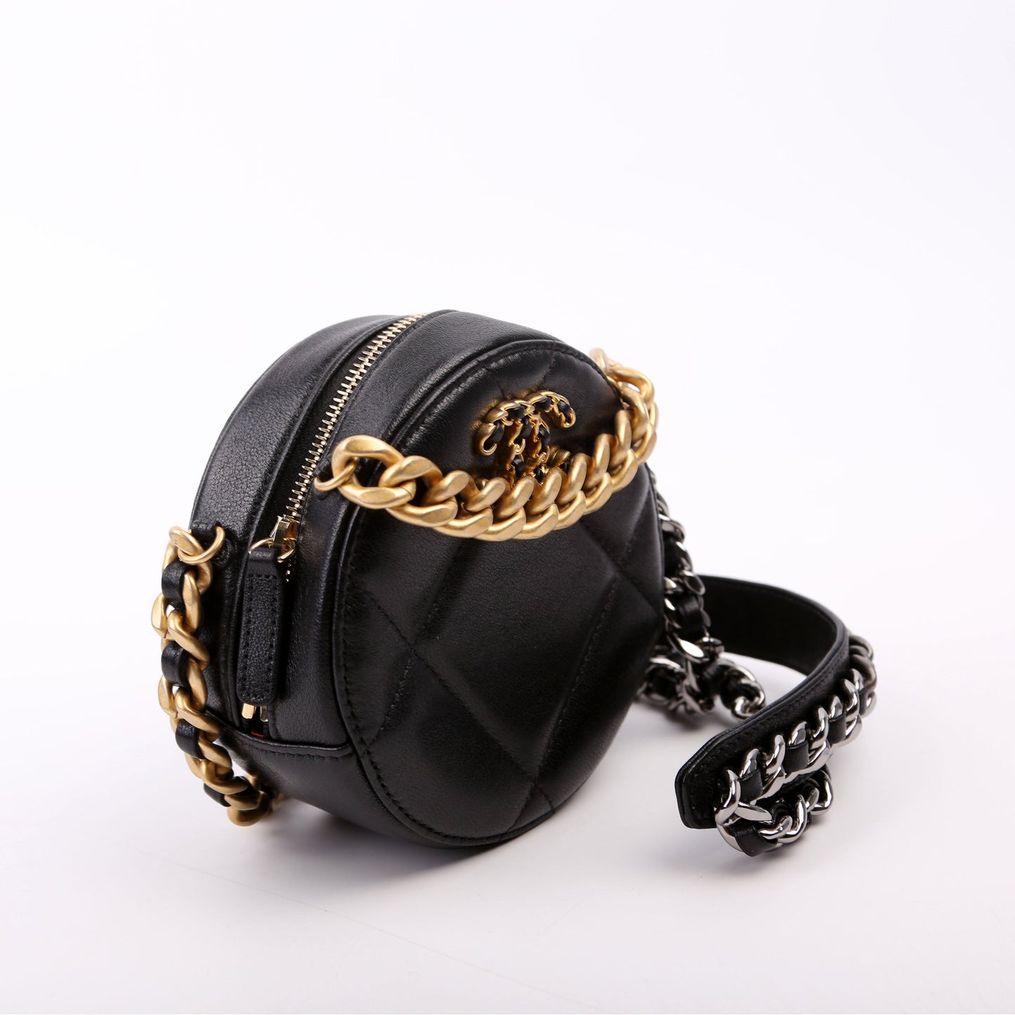 Chanel 19 Round Clutch Goarskin 29M Black Bag