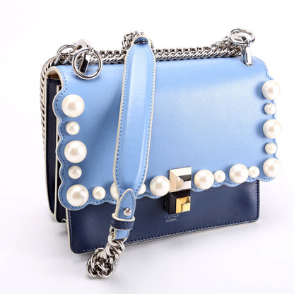 Fendi 8M0381 Kan I Scalloped Leather/Pearls Small Blue Bag
