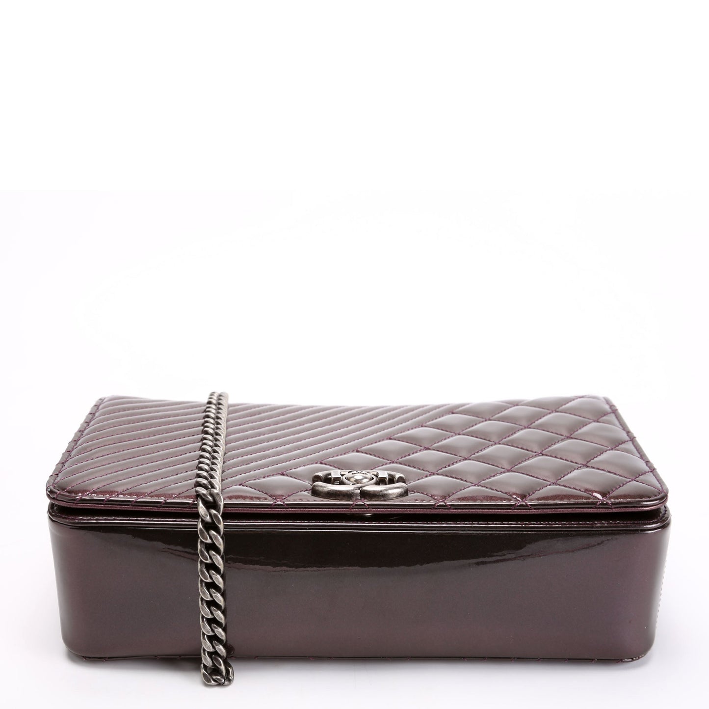 Chanel Coco Boy Flap Patent Iridescent Medium 21M Plum Bag