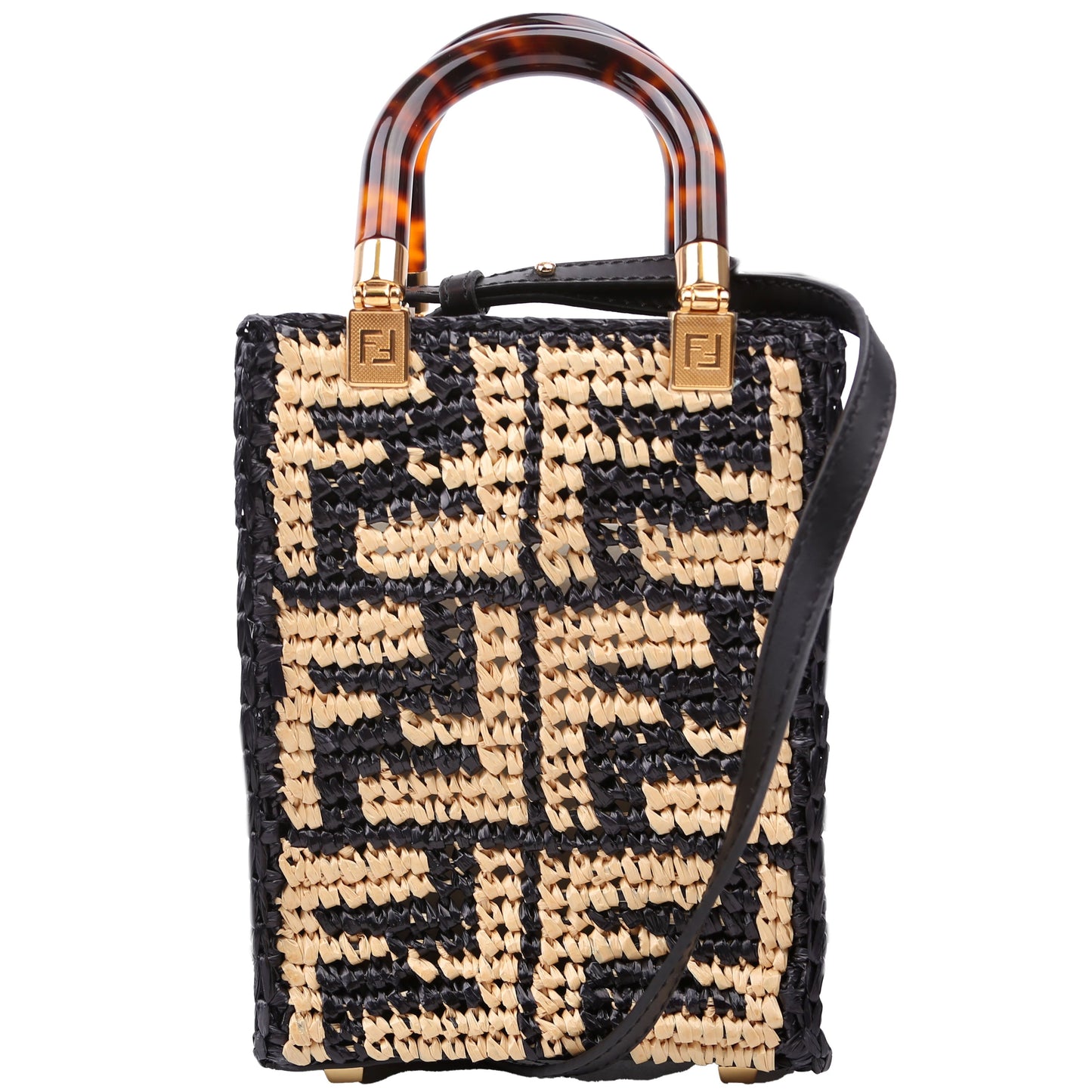 Fendi 8BS051 Raffia Mini Sunshine Shopper Tan/Black Bag