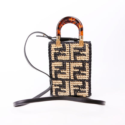 Fendi 8BS051 Raffia Mini Sunshine Shopper Tan/Black Bag