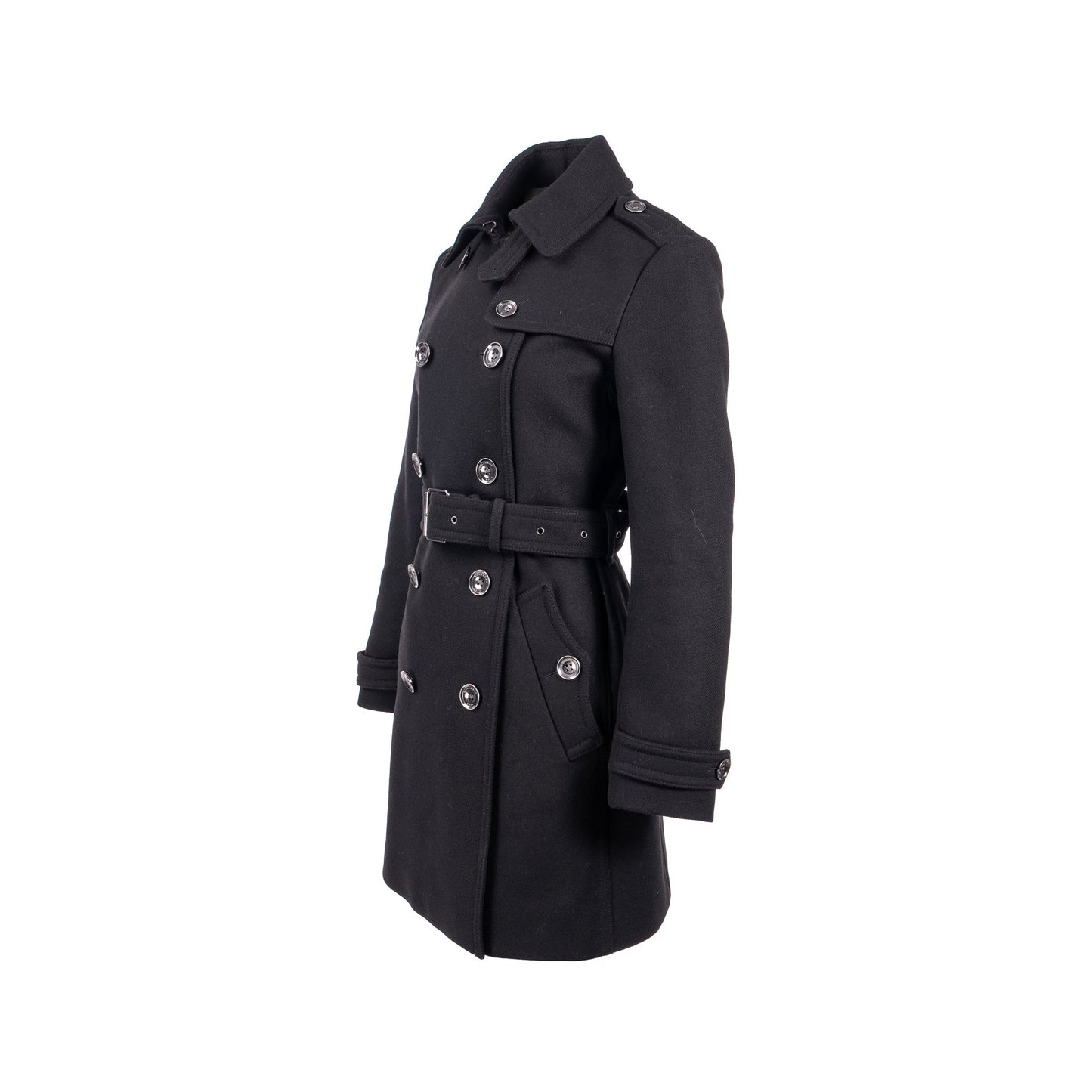Burberry Size 10 Double Breasted Belted-Waist Coat Virgin Wool Black
