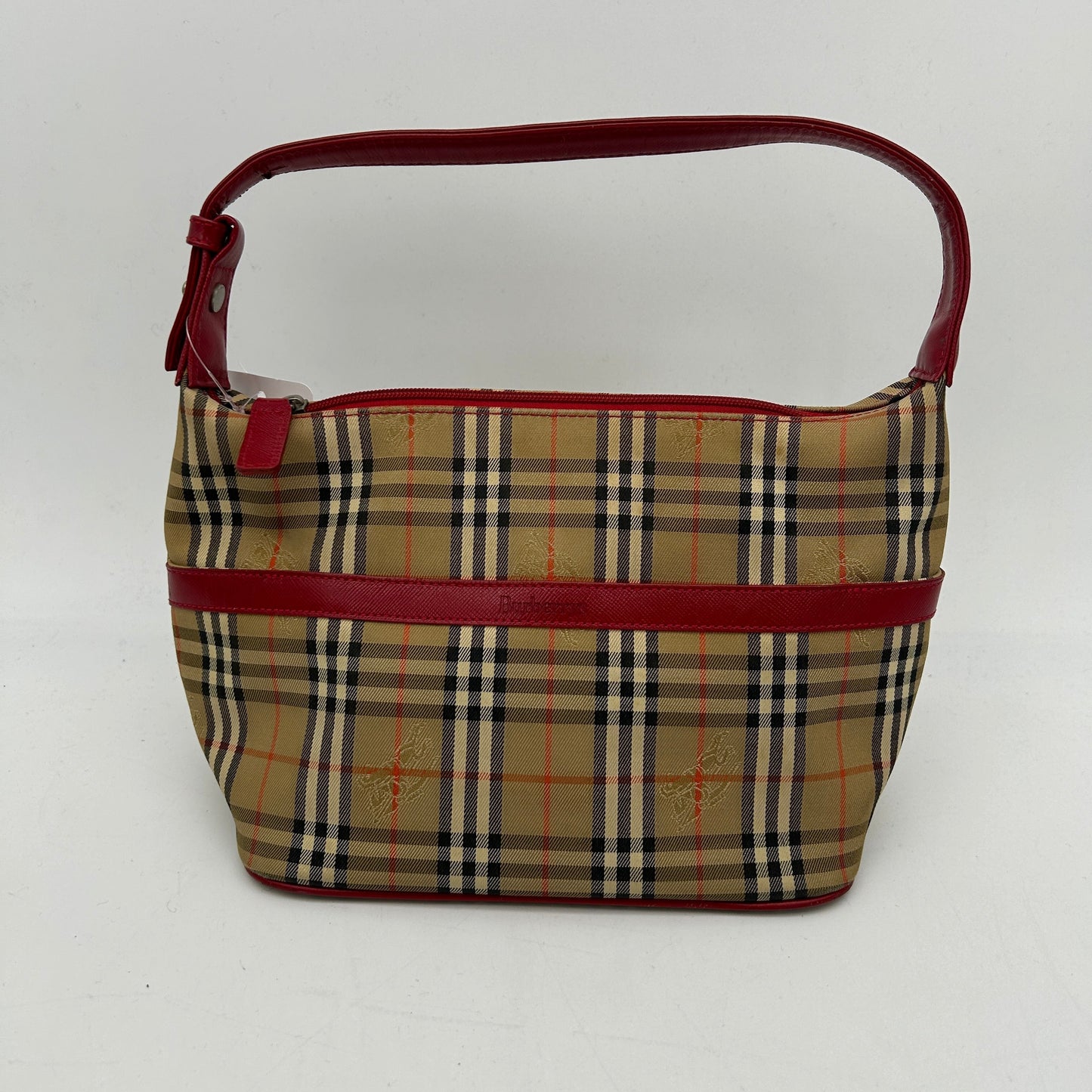 Luxury Burberry House Check Beige Red Leather Trim Handbag Medium