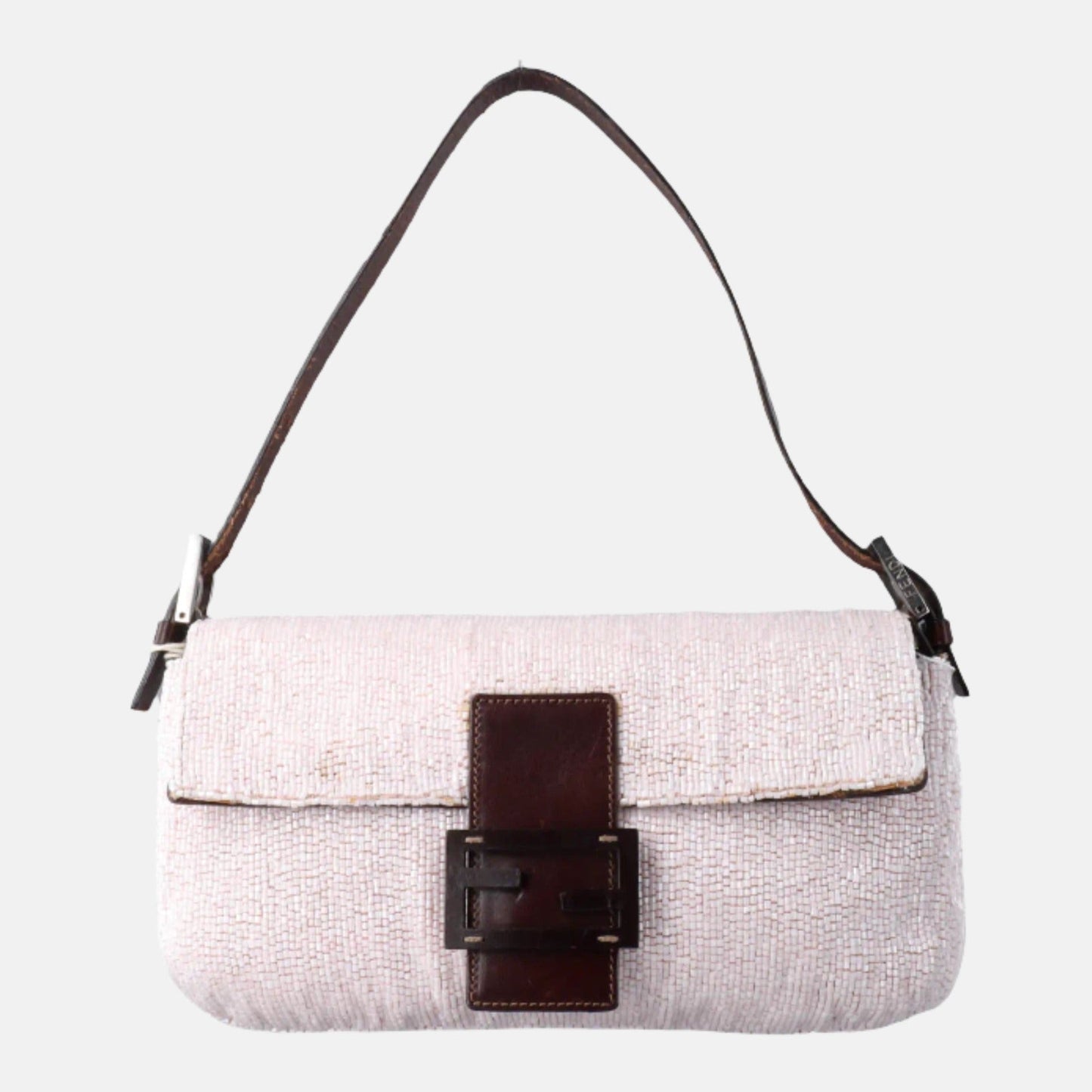 Fendi Baguette Vintage White Glitter Beads Brown Leather