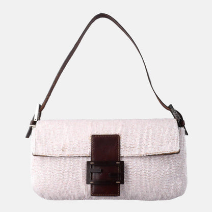 Fendi Baguette Vintage White Glitter Beads Brown Leather