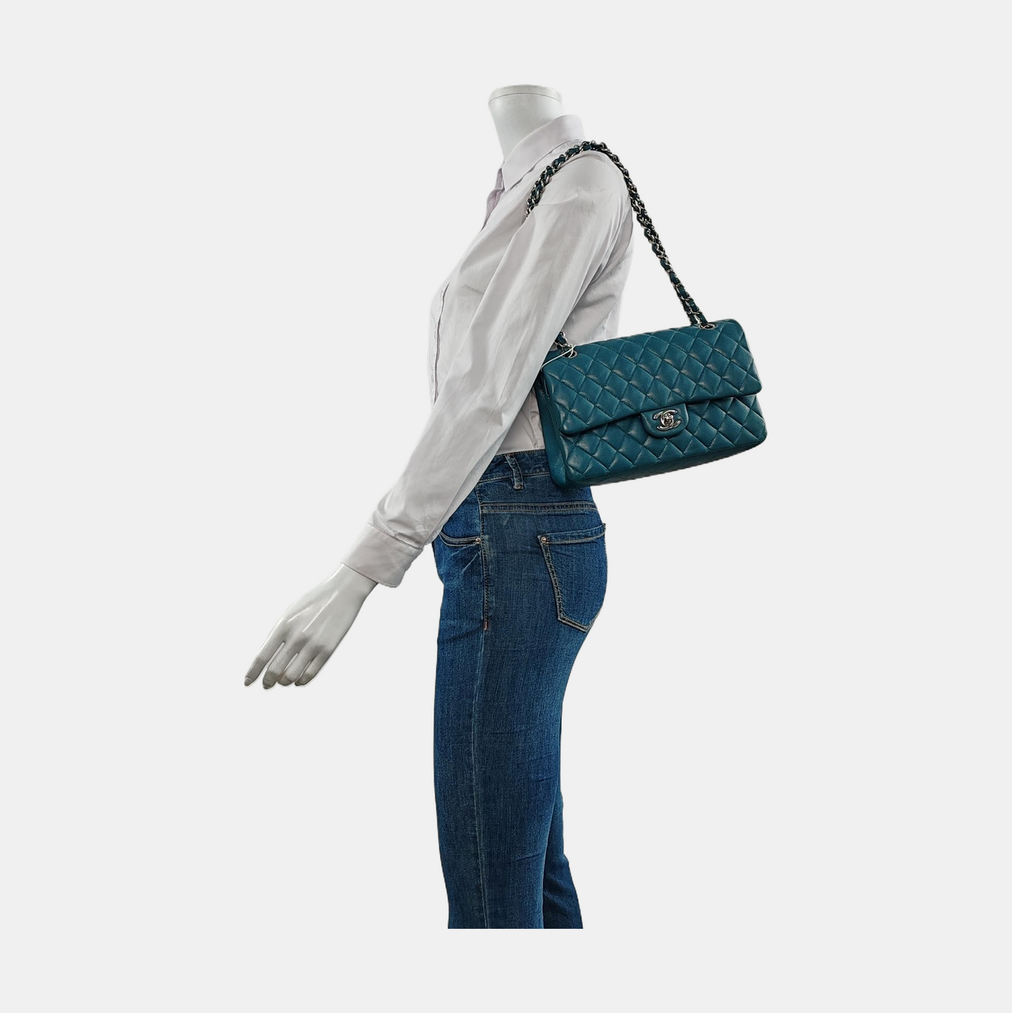 Chanel Classic Flap Medium Teal Green Caviar Leather with Silver Hardware