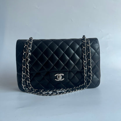Chanel Timeless Classic Flap Medium Black Lambskin Leather Silver Hardware, 2012