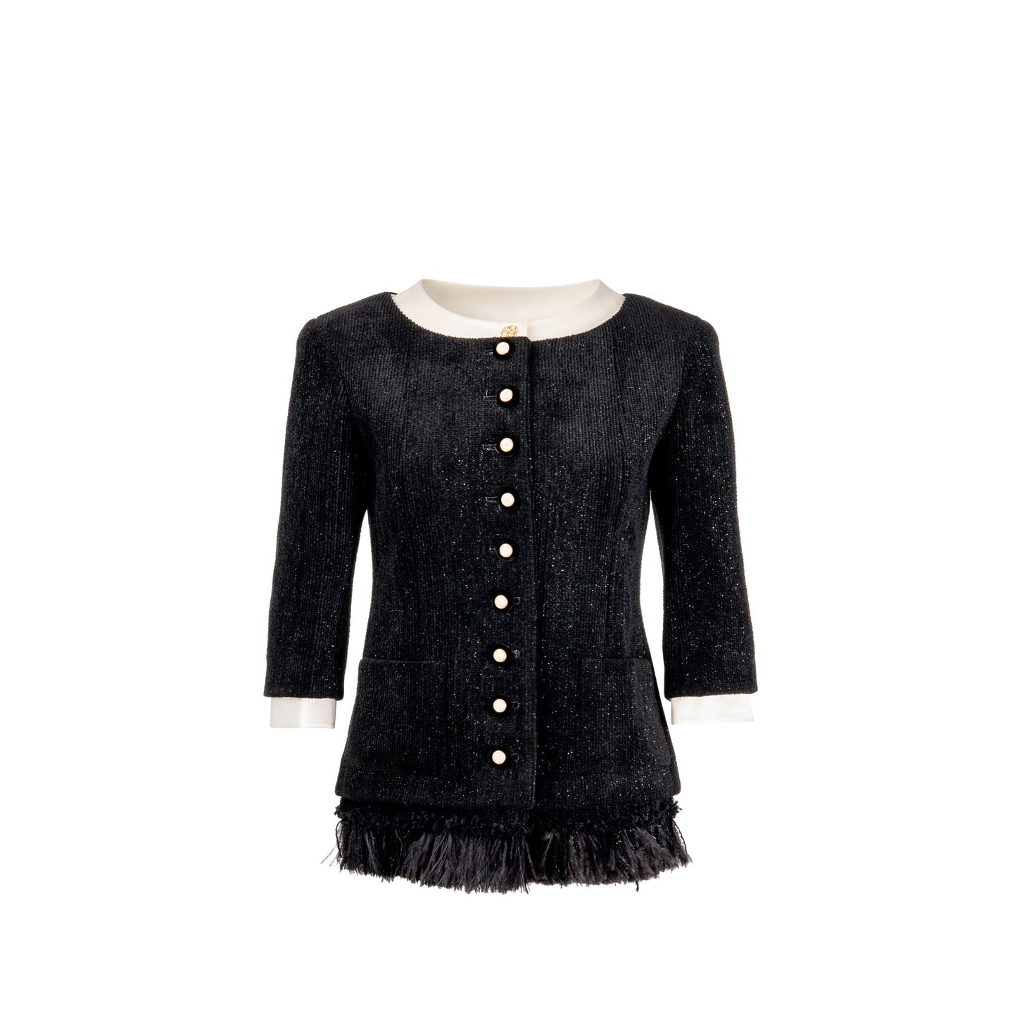 Chanel Size 36 20A Runway Matiers Dâart Feather Trim Jacket Wool black