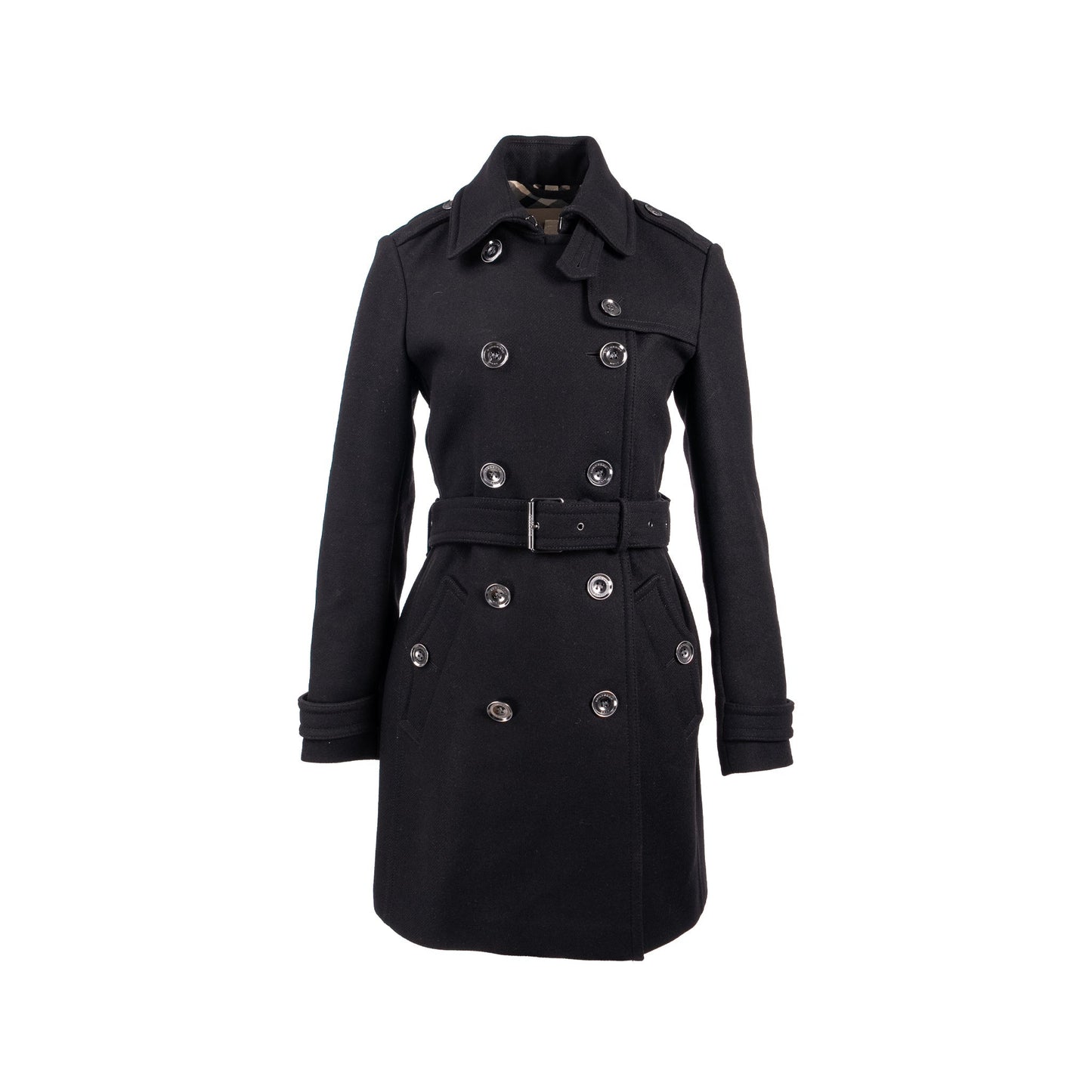 Burberry Size 10 Double Breasted Belted-Waist Coat Virgin Wool Black