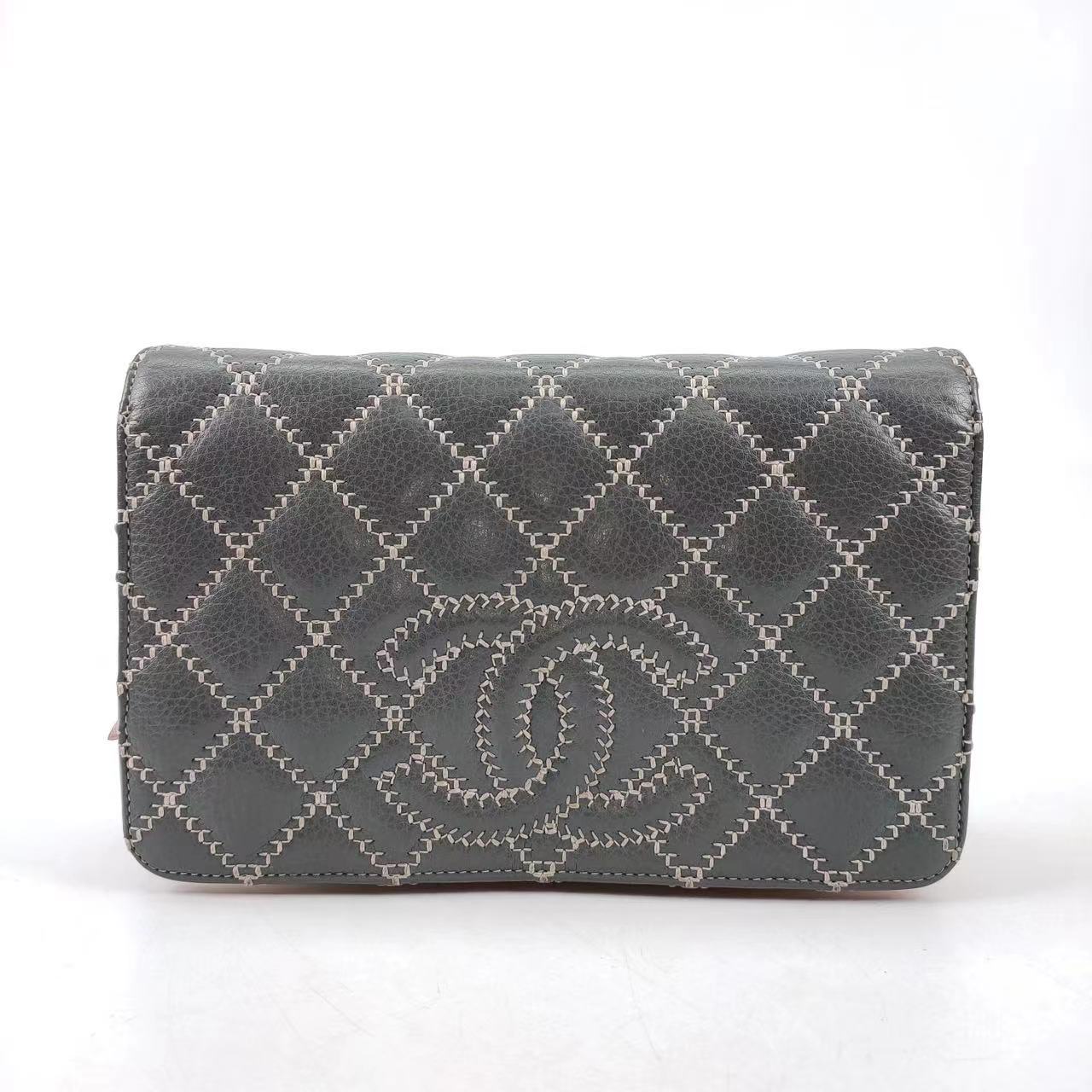 Chanel Wild Stitch Flap Wallet on Chain WOC Grey and Pink Leather