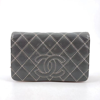 Chanel Wild Stitch Flap Wallet on Chain WOC Grey and Pink Leather
