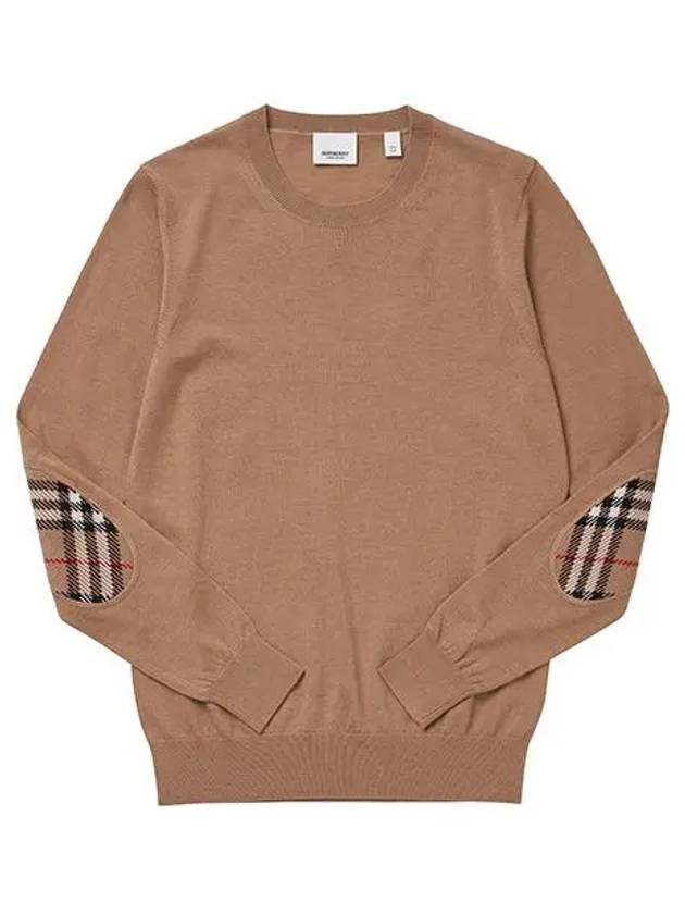 Luxury Burberry Check Patch Crew Neck Wool Knit Top Beige