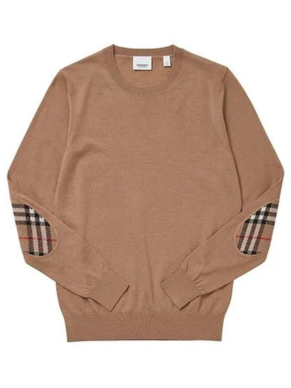 Luxury Burberry Check Patch Crew Neck Wool Knit Top Beige