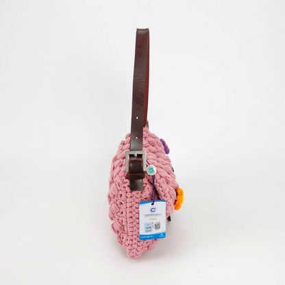 Fendi Baguette Bag Pink Crochet Knit Wool Pompom and Flowers Shoulder Bag