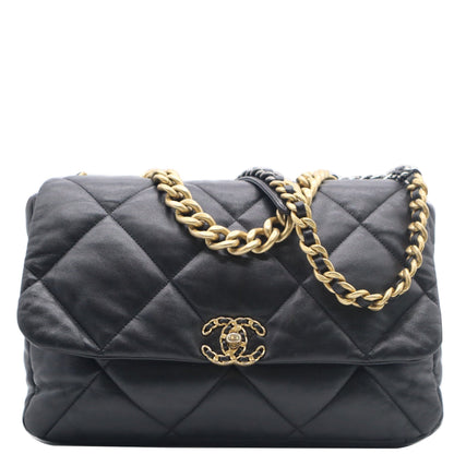 CHANEL 19 Large Flap Quilted Lambskin Leather Shoulder Bag Black